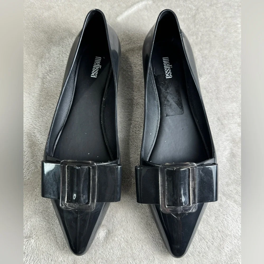 Melissa Black Pointed Toe Flats with Decorative Buckle